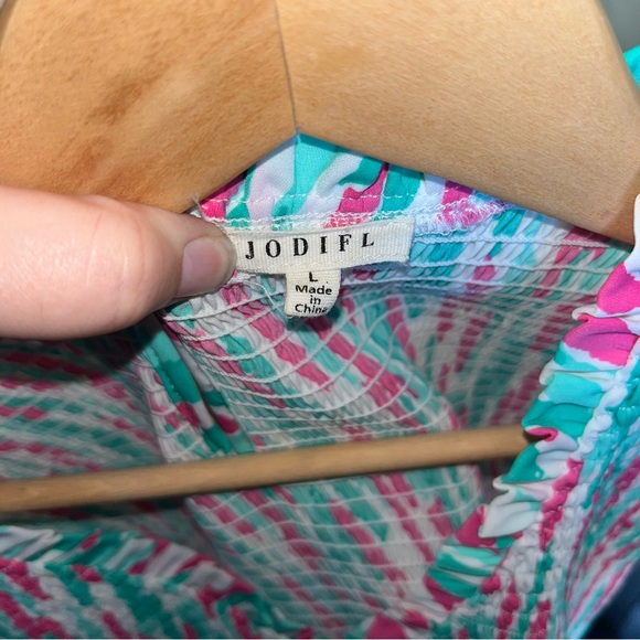 Jodifl Smocked Pink & Green Ruffle Sleeveless Blouse - Picture 5 of 5